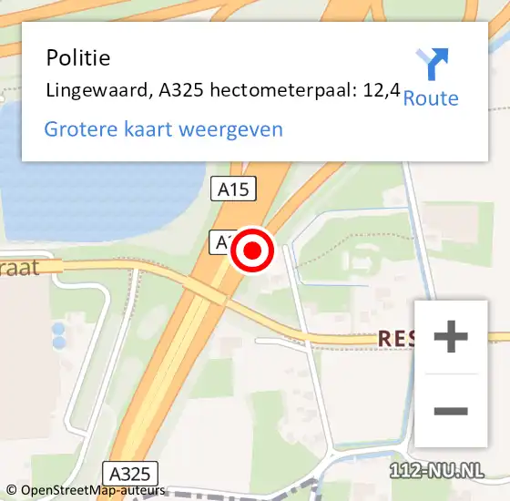 Locatie op kaart van de 112 melding: Politie Lingewaard, A325 hectometerpaal: 12,4 op 9 juni 2024 23:31