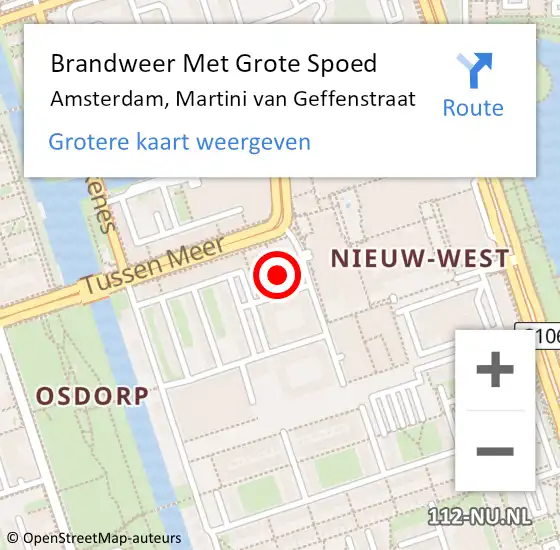 Locatie op kaart van de 112 melding: Brandweer Met Grote Spoed Naar Amsterdam, Martini van Geffenstraat op 10 juni 2024 00:34