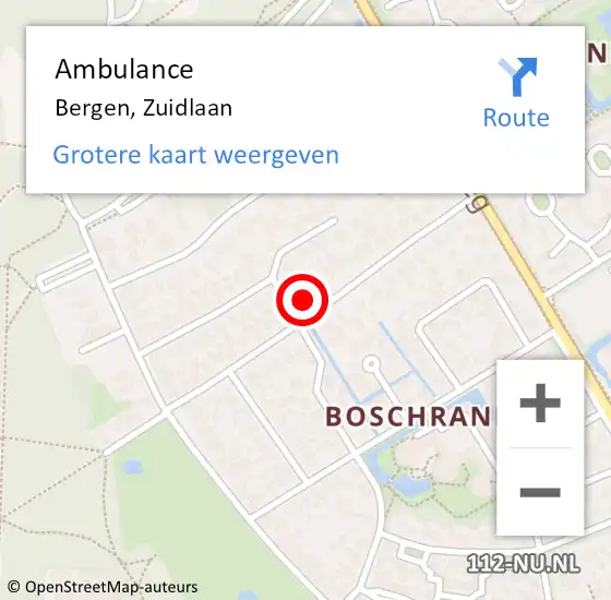 Locatie op kaart van de 112 melding: Ambulance Bergen, Zuidlaan op 10 juni 2024 01:11