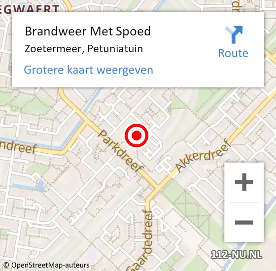 Locatie op kaart van de 112 melding: Brandweer Met Spoed Naar Zoetermeer, Petuniatuin op 10 juni 2024 06:35