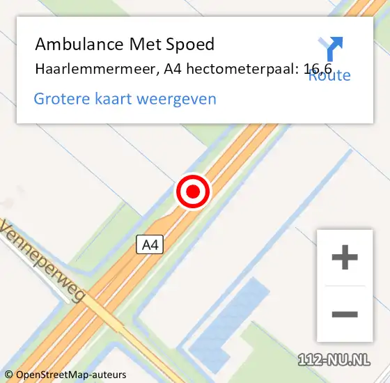 Locatie op kaart van de 112 melding: Ambulance Met Spoed Naar Haarlemmermeer, A4 hectometerpaal: 16,6 op 10 juni 2024 06:59