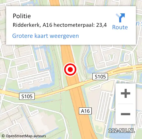 Locatie op kaart van de 112 melding: Politie Ridderkerk, A16 hectometerpaal: 23,4 op 10 juni 2024 07:06