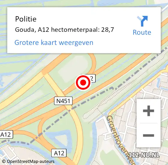 Locatie op kaart van de 112 melding: Politie Gouda, A12 hectometerpaal: 28,7 op 10 juni 2024 07:42