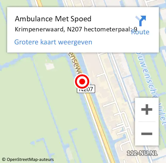 Locatie op kaart van de 112 melding: Ambulance Met Spoed Naar Krimpenerwaard, N207 hectometerpaal: 9 op 10 juni 2024 07:47
