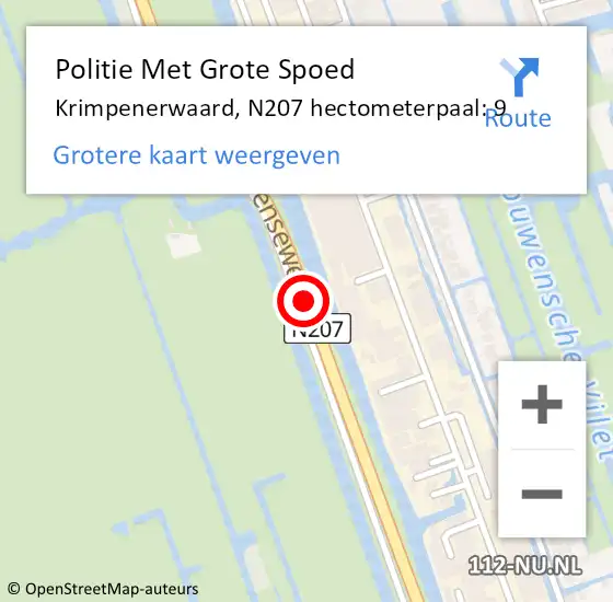 Locatie op kaart van de 112 melding: Politie Met Grote Spoed Naar Krimpenerwaard, N207 hectometerpaal: 9 op 10 juni 2024 07:48