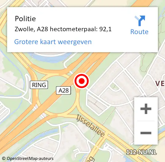 Locatie op kaart van de 112 melding: Politie Zwolle, A28 hectometerpaal: 92,1 op 10 juni 2024 07:49