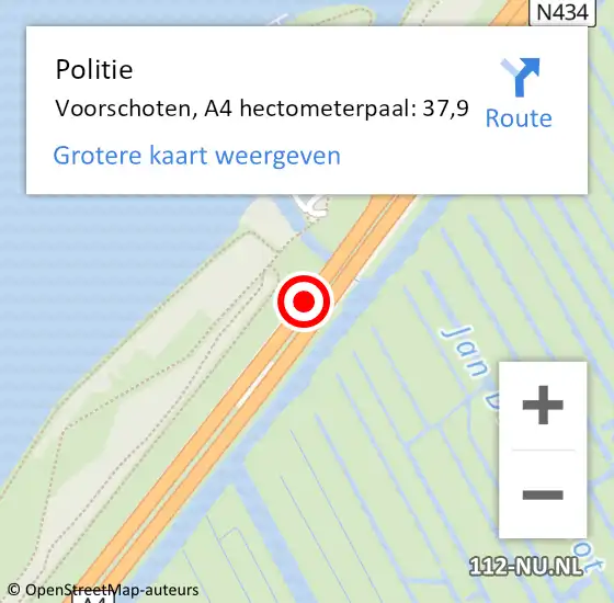 Locatie op kaart van de 112 melding: Politie Voorschoten, A4 hectometerpaal: 37,9 op 10 juni 2024 08:18