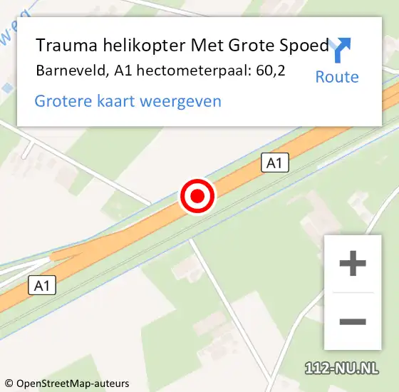 Locatie op kaart van de 112 melding: Trauma helikopter Met Grote Spoed Naar Barneveld, A1 hectometerpaal: 60,2 op 10 juni 2024 08:31