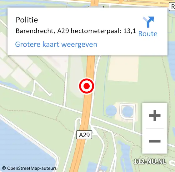 Locatie op kaart van de 112 melding: Politie Barendrecht, A29 hectometerpaal: 13,1 op 10 juni 2024 08:34