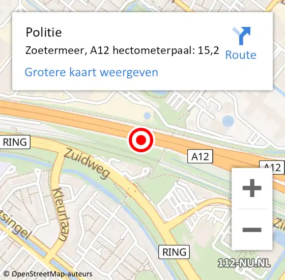 Locatie op kaart van de 112 melding: Politie Zoetermeer, A12 hectometerpaal: 15,2 op 10 juni 2024 08:46