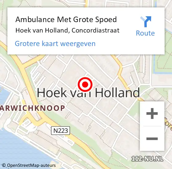 Locatie op kaart van de 112 melding: Ambulance Met Grote Spoed Naar Hoek van Holland, Concordiastraat op 10 juni 2024 08:50