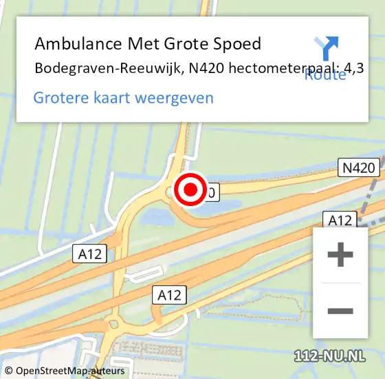 Locatie op kaart van de 112 melding: Ambulance Met Grote Spoed Naar Bodegraven-Reeuwijk, N420 hectometerpaal: 4,3 op 10 juni 2024 10:48