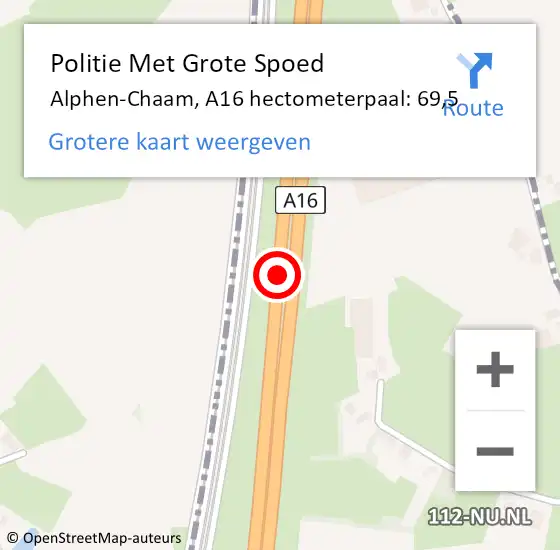 Locatie op kaart van de 112 melding: Politie Met Grote Spoed Naar Alphen-Chaam, A16 hectometerpaal: 69,5 op 10 juni 2024 11:17