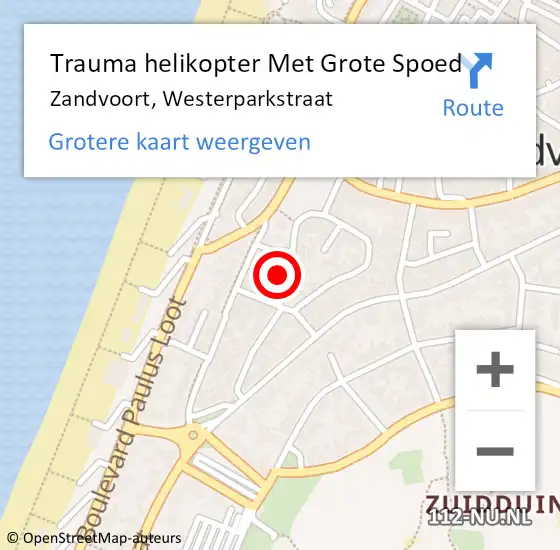 Locatie op kaart van de 112 melding: Trauma helikopter Met Grote Spoed Naar Zandvoort, Westerparkstraat op 10 juni 2024 11:23