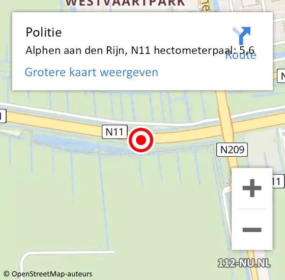 Locatie op kaart van de 112 melding: Politie Alphen aan den Rijn, N11 hectometerpaal: 5,6 op 10 juni 2024 12:45