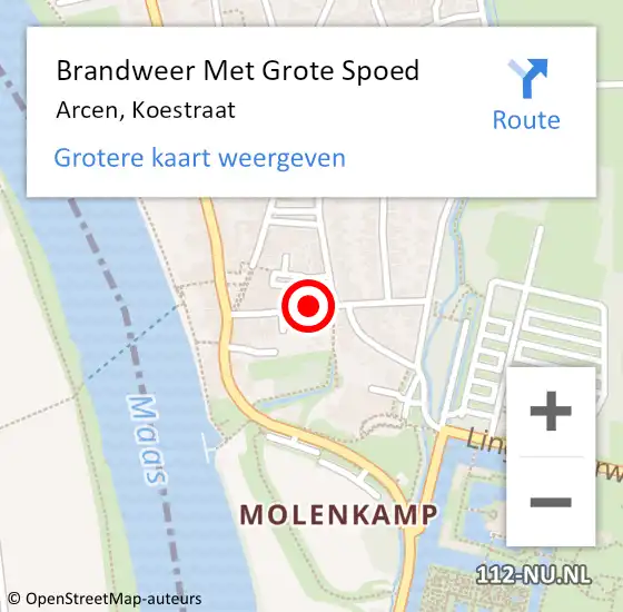 Locatie op kaart van de 112 melding: Brandweer Met Grote Spoed Naar Arcen, Koestraat op 10 juni 2024 12:57