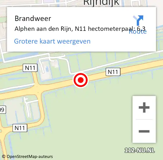 Locatie op kaart van de 112 melding: Brandweer Alphen aan den Rijn, N11 hectometerpaal: 6,3 op 10 juni 2024 13:25