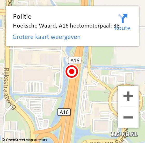 Locatie op kaart van de 112 melding: Politie Hoeksche Waard, A16 hectometerpaal: 38 op 10 juni 2024 13:27