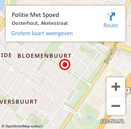 Locatie op kaart van de 112 melding: Politie Met Spoed Naar Oosterhout, Akeleistraat op 10 juni 2024 13:36