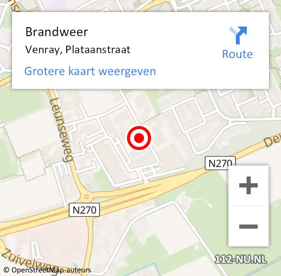 Locatie op kaart van de 112 melding: Brandweer Venray, Plataanstraat op 10 juni 2024 13:48