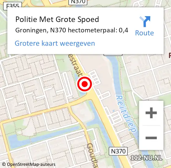 Locatie op kaart van de 112 melding: Politie Met Grote Spoed Naar Groningen, N370 hectometerpaal: 0,4 op 10 juni 2024 14:48