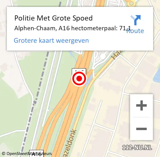 Locatie op kaart van de 112 melding: Politie Met Grote Spoed Naar Alphen-Chaam, A16 hectometerpaal: 71,1 op 10 juni 2024 14:58