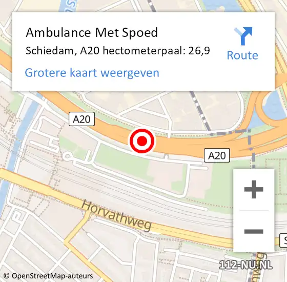 Locatie op kaart van de 112 melding: Ambulance Met Spoed Naar Schiedam, A20 hectometerpaal: 26,9 op 10 juni 2024 15:56
