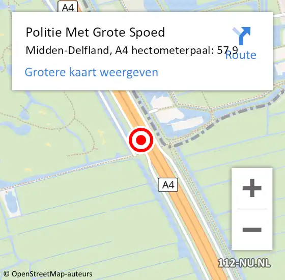 Locatie op kaart van de 112 melding: Politie Met Grote Spoed Naar Midden-Delfland, A4 hectometerpaal: 57,9 op 10 juni 2024 16:28