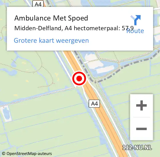 Locatie op kaart van de 112 melding: Ambulance Met Spoed Naar Midden-Delfland, A4 hectometerpaal: 57,9 op 10 juni 2024 16:28