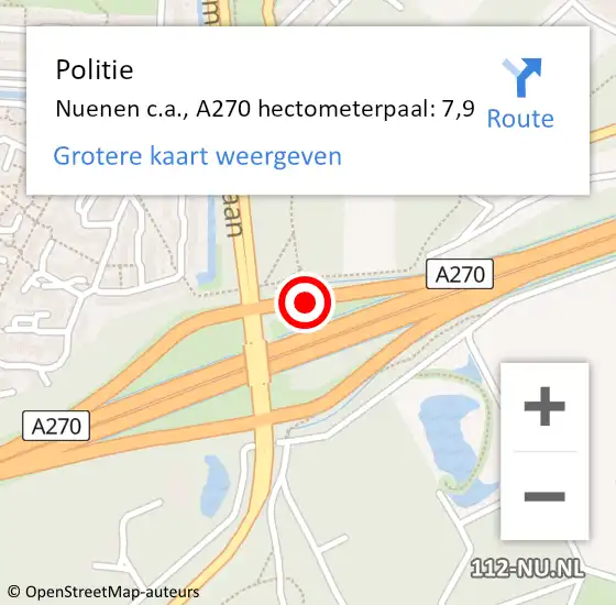 Locatie op kaart van de 112 melding: Politie Nuenen c.a., A270 hectometerpaal: 7,9 op 10 juni 2024 17:27