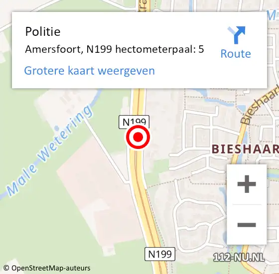 Locatie op kaart van de 112 melding: Politie Amersfoort, N199 hectometerpaal: 5 op 10 juni 2024 17:34