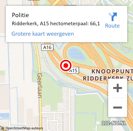 Locatie op kaart van de 112 melding: Politie Ridderkerk, A15 hectometerpaal: 66,1 op 10 juni 2024 17:59
