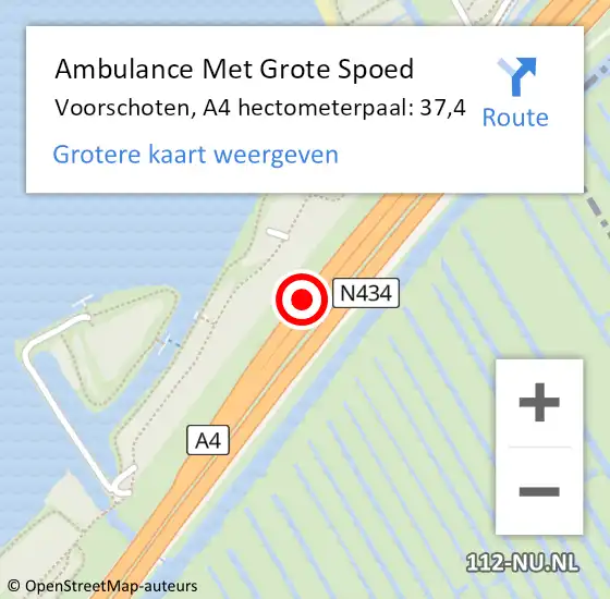 Locatie op kaart van de 112 melding: Ambulance Met Grote Spoed Naar Voorschoten, A4 hectometerpaal: 37,4 op 10 juni 2024 18:06