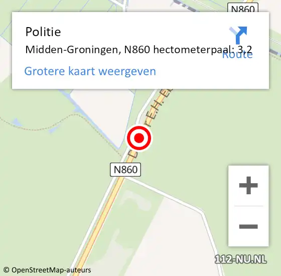 Locatie op kaart van de 112 melding: Politie Midden-Groningen, N860 hectometerpaal: 3,2 op 10 juni 2024 18:23