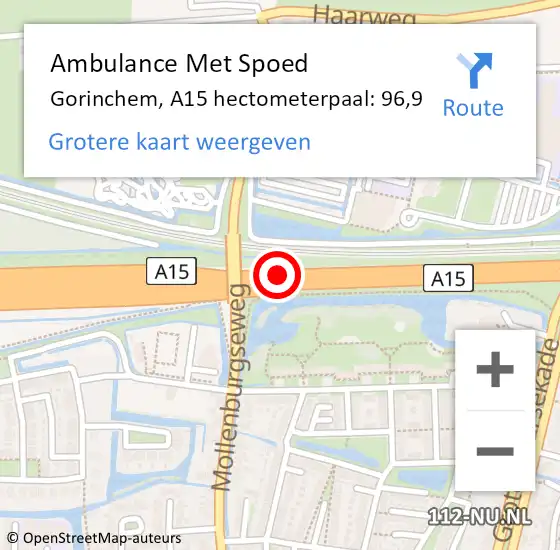 Locatie op kaart van de 112 melding: Ambulance Met Spoed Naar Gorinchem, A15 hectometerpaal: 96,9 op 10 juni 2024 18:36