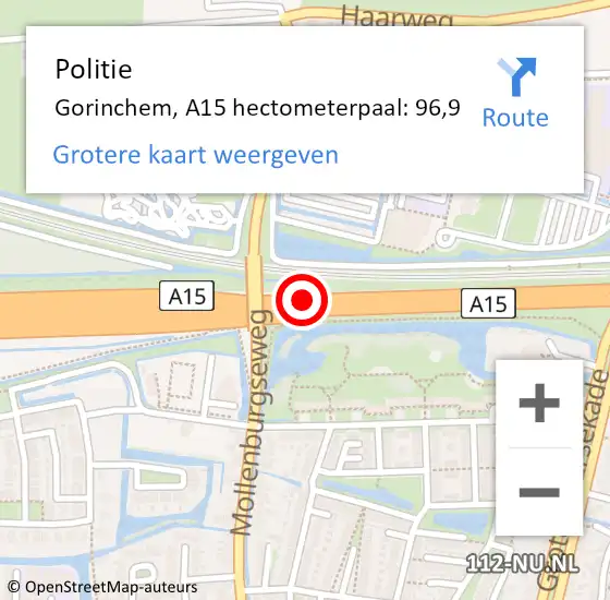 Locatie op kaart van de 112 melding: Politie Gorinchem, A15 hectometerpaal: 96,9 op 10 juni 2024 18:36