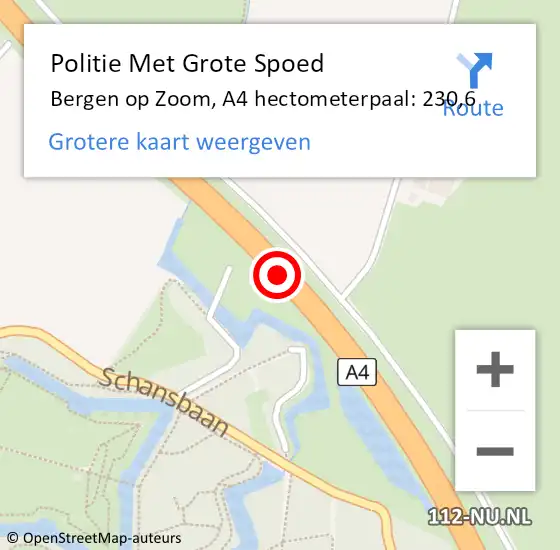 Locatie op kaart van de 112 melding: Politie Met Grote Spoed Naar Bergen op Zoom, A4 hectometerpaal: 230,6 op 10 juni 2024 19:10