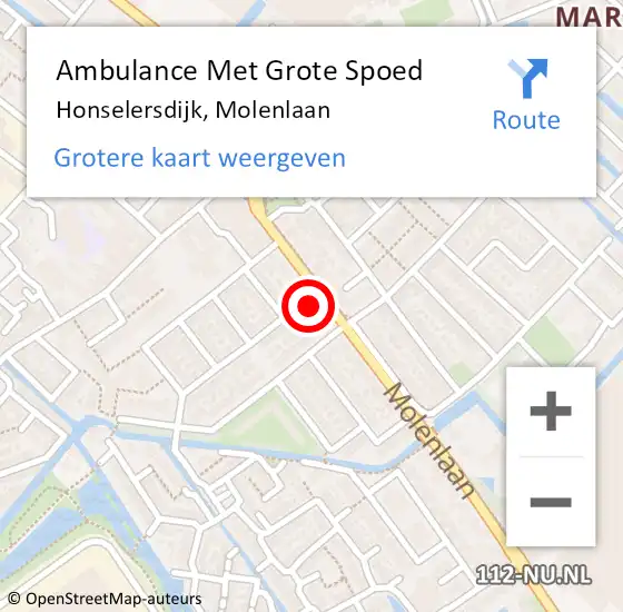 Locatie op kaart van de 112 melding: Ambulance Met Grote Spoed Naar Honselersdijk, Molenlaan op 10 juni 2024 19:46