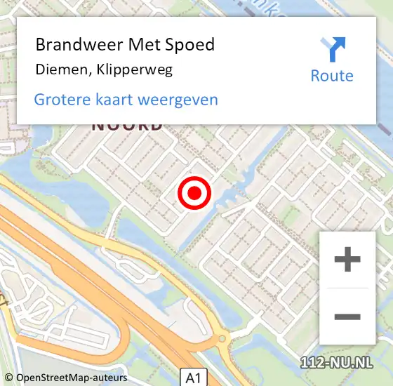 Locatie op kaart van de 112 melding: Brandweer Met Spoed Naar Diemen, Klipperweg op 10 juni 2024 19:57