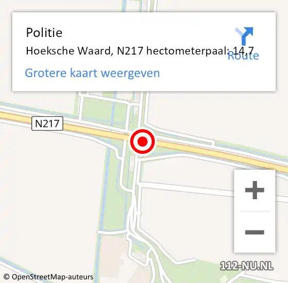 Locatie op kaart van de 112 melding: Politie Hoeksche Waard, N217 hectometerpaal: 14,7 op 10 juni 2024 20:02