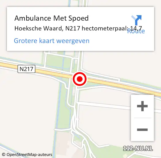 Locatie op kaart van de 112 melding: Ambulance Met Spoed Naar Hoeksche Waard, N217 hectometerpaal: 14,7 op 10 juni 2024 20:03