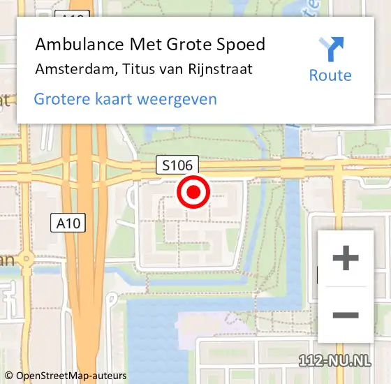 Locatie op kaart van de 112 melding: Ambulance Met Grote Spoed Naar Amsterdam, Titus van Rijnstraat op 10 juni 2024 20:42