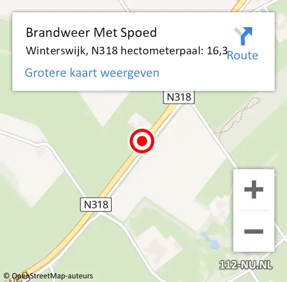 Locatie op kaart van de 112 melding: Brandweer Met Spoed Naar Winterswijk, N318 hectometerpaal: 16,3 op 10 juni 2024 20:52