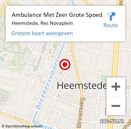 Locatie op kaart van de 112 melding: Ambulance Met Zeer Grote Spoed Naar Heemstede, Res Novaplein op 10 juni 2024 21:28