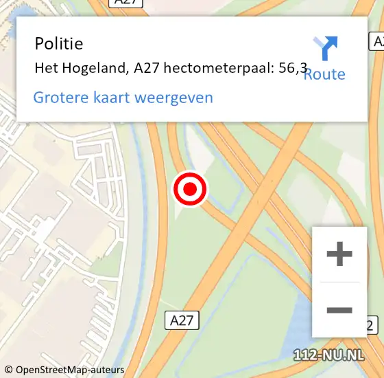 Locatie op kaart van de 112 melding: Politie Het Hogeland, A27 hectometerpaal: 56,3 op 10 juni 2024 22:55