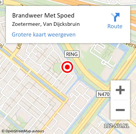 Locatie op kaart van de 112 melding: Brandweer Met Spoed Naar Zoetermeer, Van Dijcksbruin op 11 juni 2024 03:32