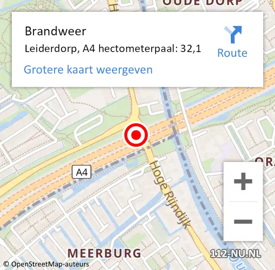 Locatie op kaart van de 112 melding: Brandweer Leiderdorp, A4 hectometerpaal: 32,1 op 11 juni 2024 05:53