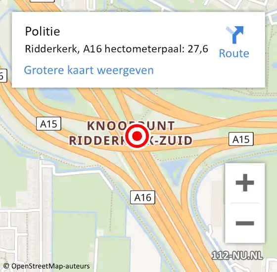Locatie op kaart van de 112 melding: Politie Ridderkerk, A16 hectometerpaal: 27,6 op 11 juni 2024 06:31