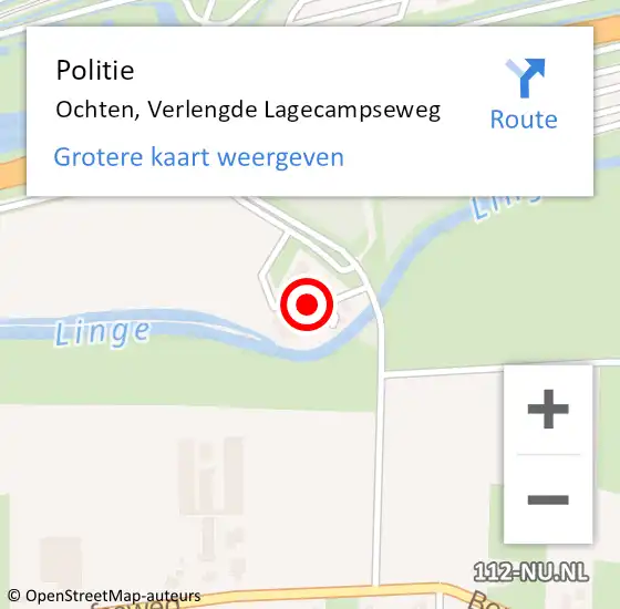 Locatie op kaart van de 112 melding: Politie Ochten, Verlengde Lagecampseweg op 11 juni 2024 06:44