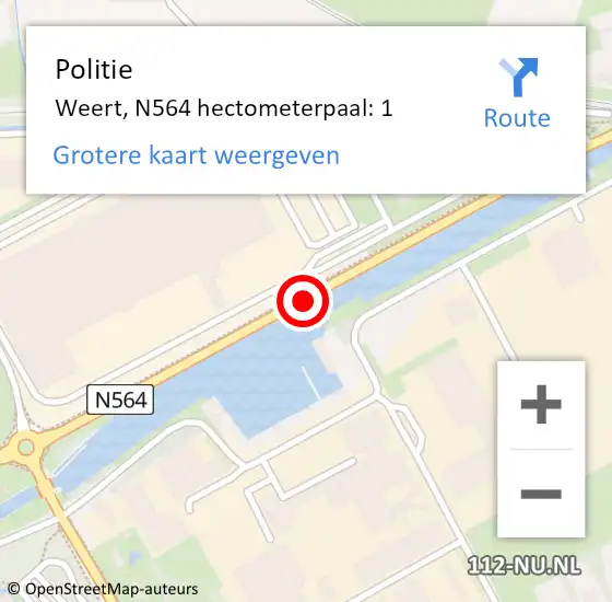 Locatie op kaart van de 112 melding: Politie Weert, N564 hectometerpaal: 1 op 11 juni 2024 06:59